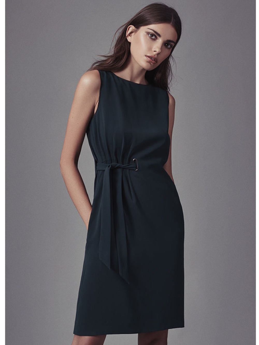 Reiss Libra Waist Tie Sleeveless Shift Dress Forest Green Size 4